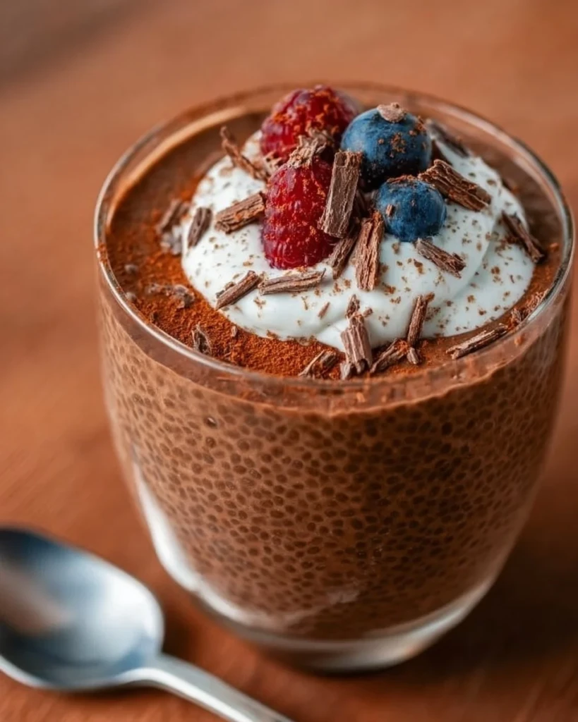 High protein chocolate chia seed pudding with toppings.
