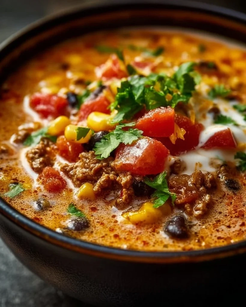 Bowl of high protein creamy taco soup topped with cheese and cilantro