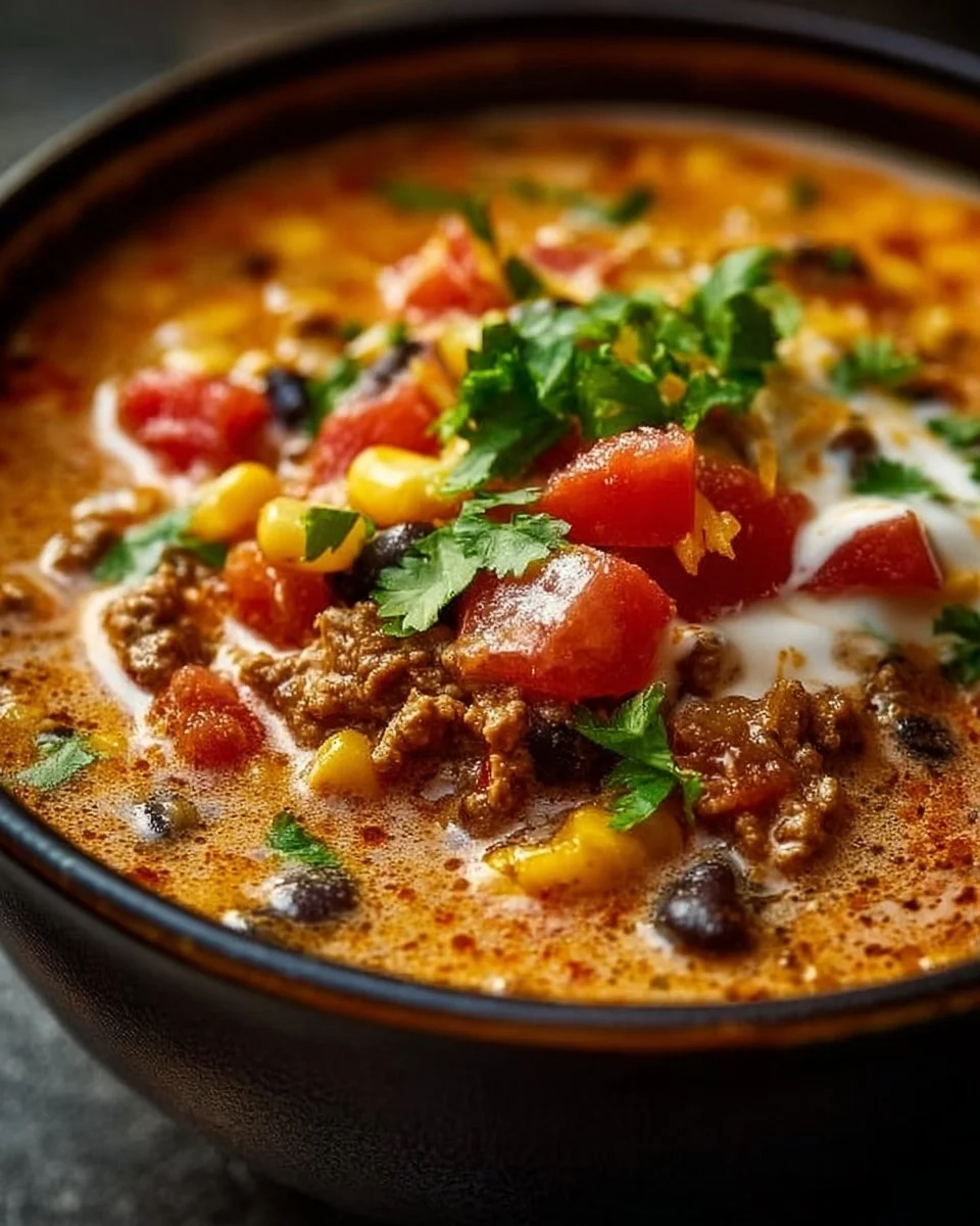 Bowl of high protein creamy taco soup topped with cheese and cilantro