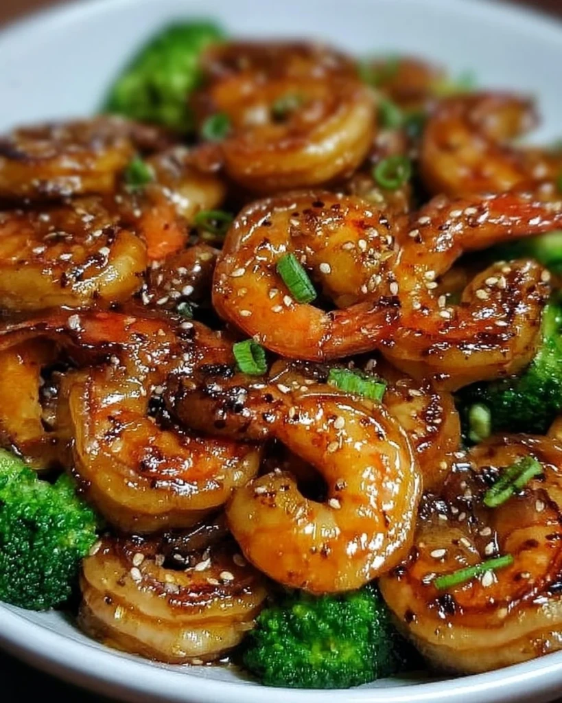 High-protein honey garlic shrimp dish garnished with green onions on a plate.