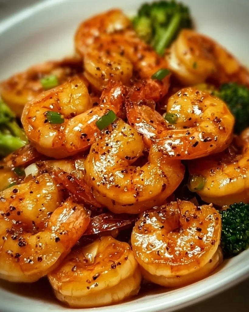 Plate of high-protein honey garlic shrimp with vegetables
