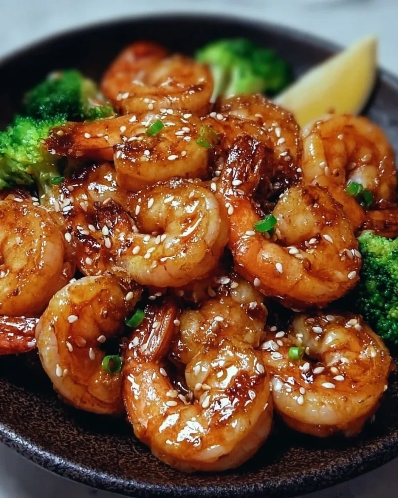 High-protein honey garlic shrimp served with vegetables on a plate