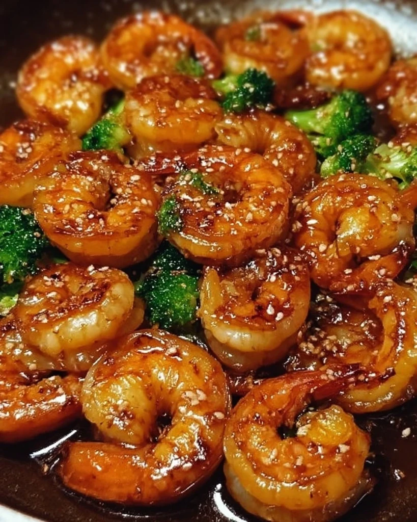 High-protein honey garlic shrimp served on a plate with garnishes.