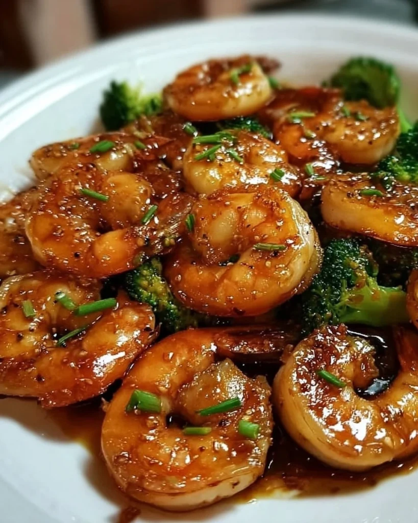 High-protein honey garlic shrimp served with vegetables on a plate.