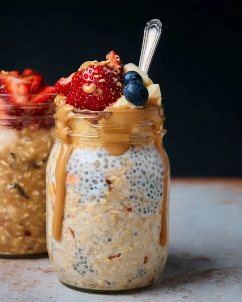 Bowl of high-protein overnight oats topped with fruits and nuts