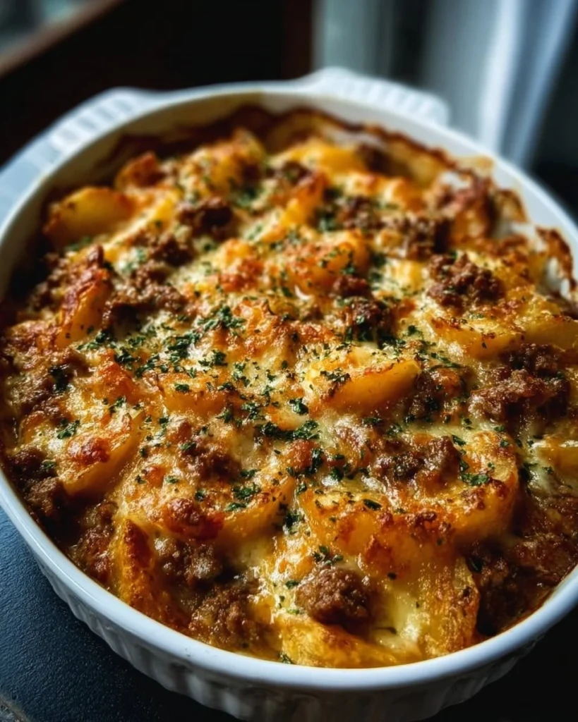 A hearty serving of Hobo Casserole with meat and vegetables in a baking dish.