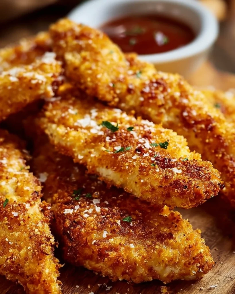 Crispy homemade baked chicken tenders on a plate with dipping sauce