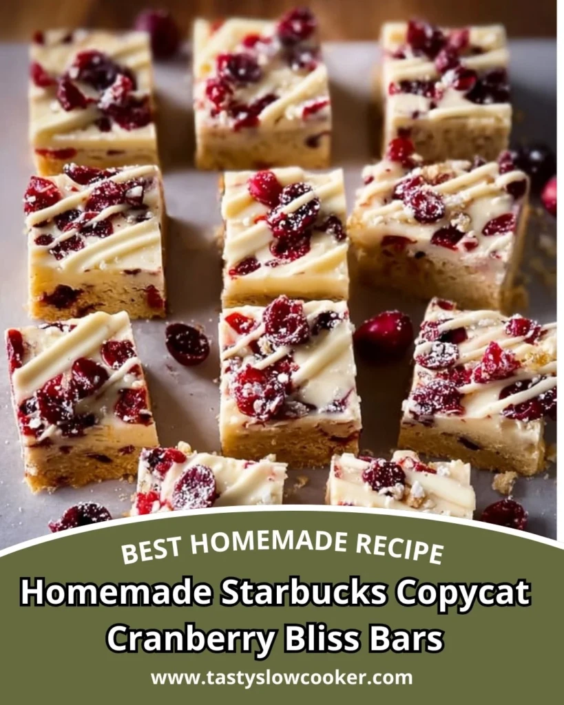 Homemade Starbucks copycat Cranberry Bliss Bars on a wooden tray