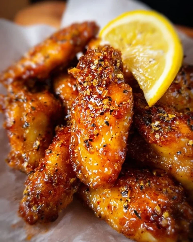 Delicious Honey Lemon Pepper Wings with a sweet and zesty glaze.