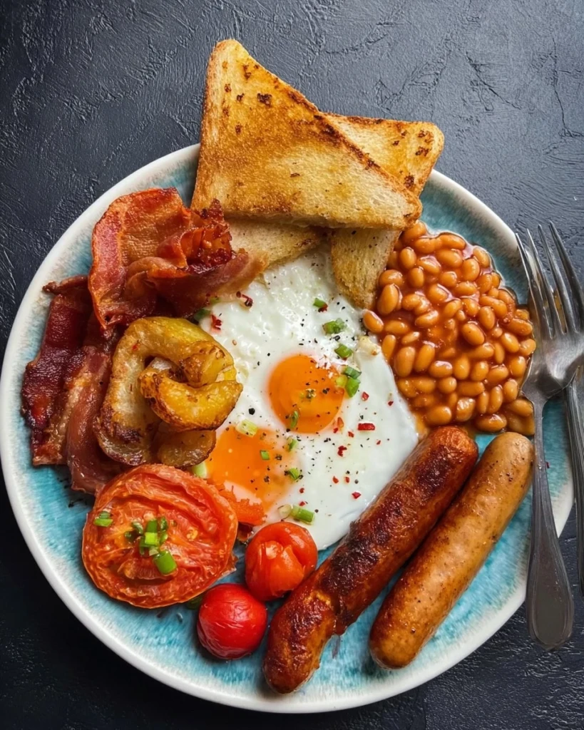 Delicious full English breakfast with sausages, eggs, beans, and toast.