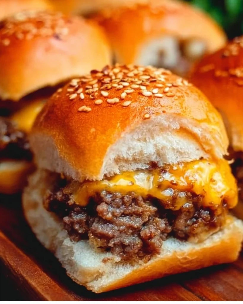 Juicy cheeseburger sliders on a plate with toppings