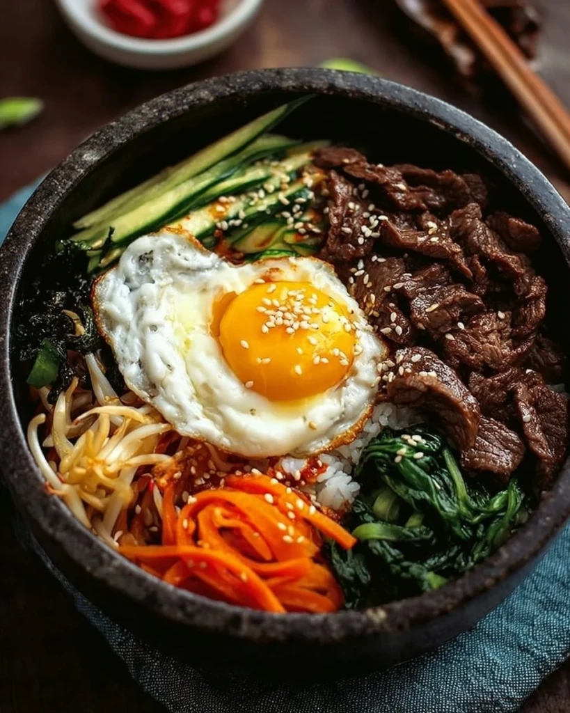 Delicious Korean Beef Bibimbap bowl with colorful vegetables and beef