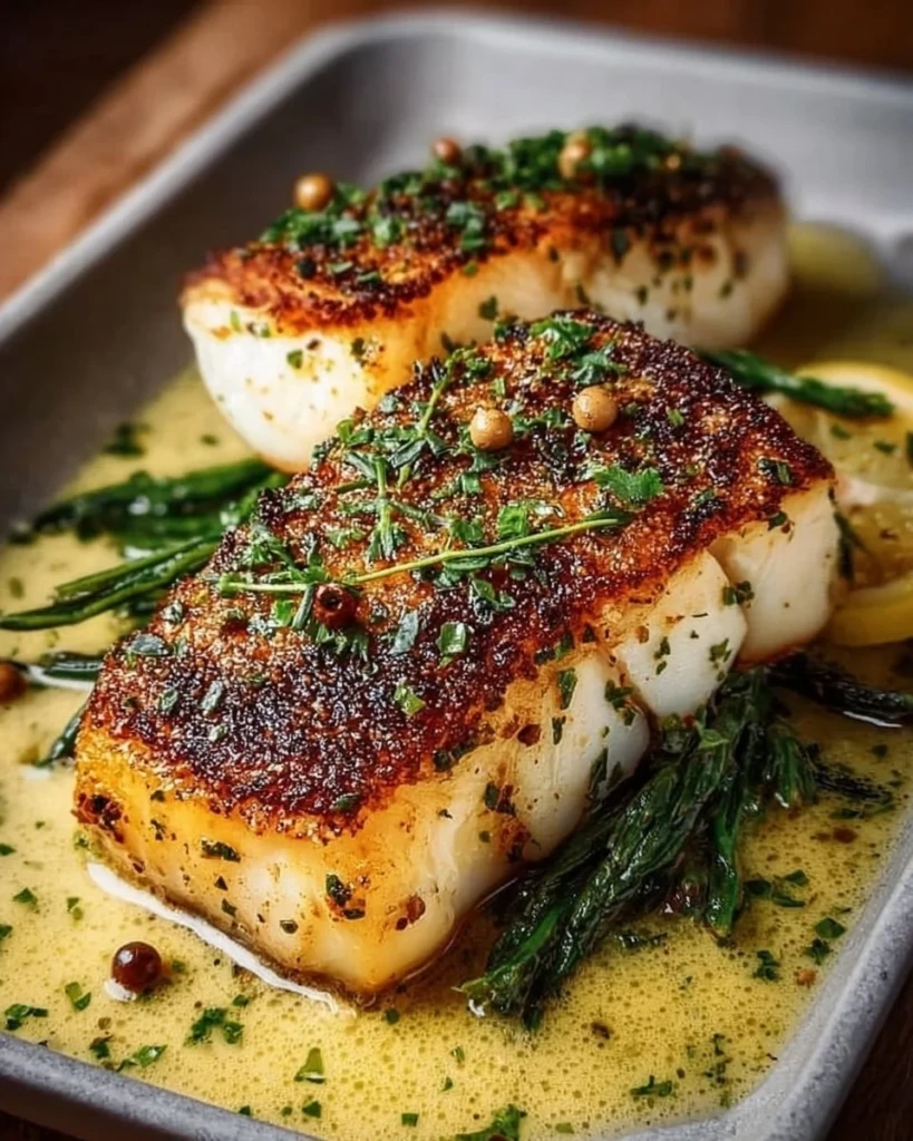 Plate of Lemon Garlic Butter Cod with Crispy Skin garnished with herbs