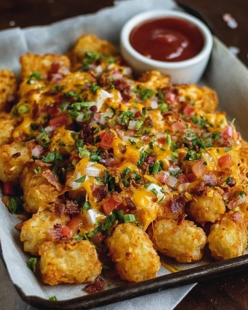 Plate of delicious loaded tater tots topped with cheese, bacon, and green onions