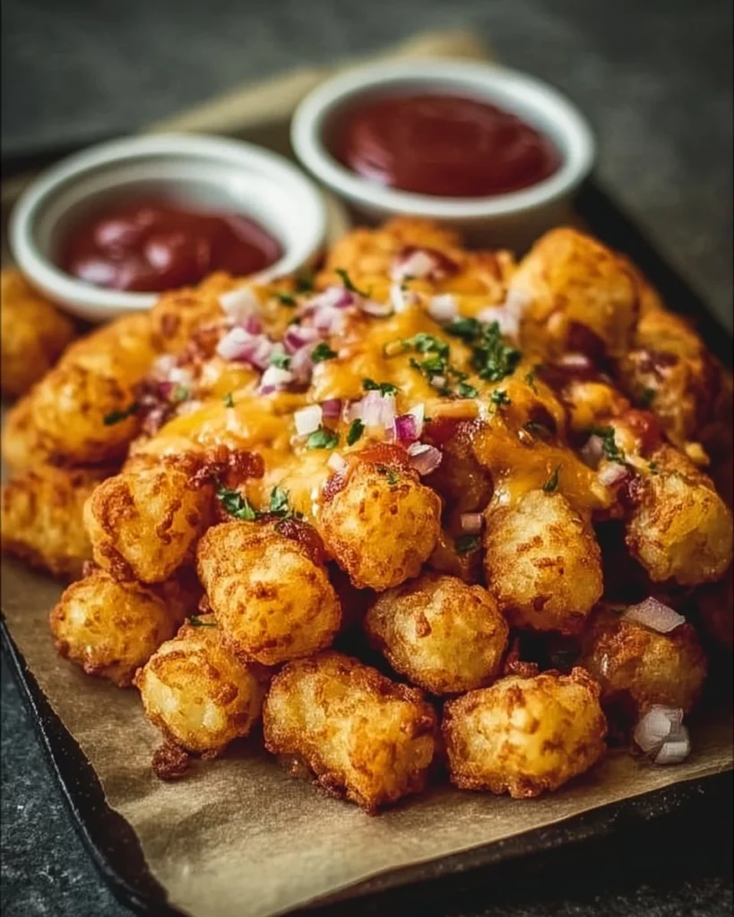 Plate of delicious loaded tater tots topped with cheese and bacon.