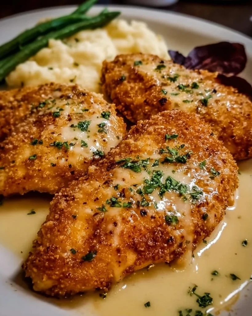 Delicious Longhorn Steakhouse Parmesan Chicken garnished with herbs and served hot.