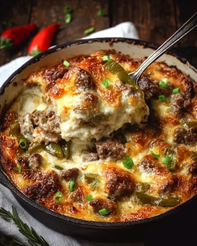 Low carb Philly cheesesteak casserole topped with cheese and peppers
