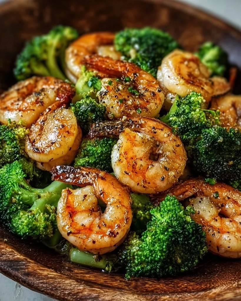 Low carb shrimp and broccoli dish served on a plate.