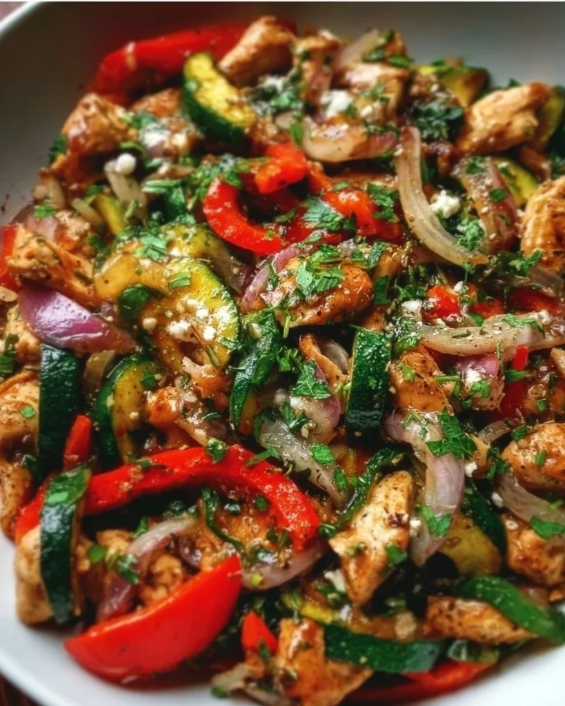 Mediterranean Chicken Stir Fry with fresh vegetables and herbs