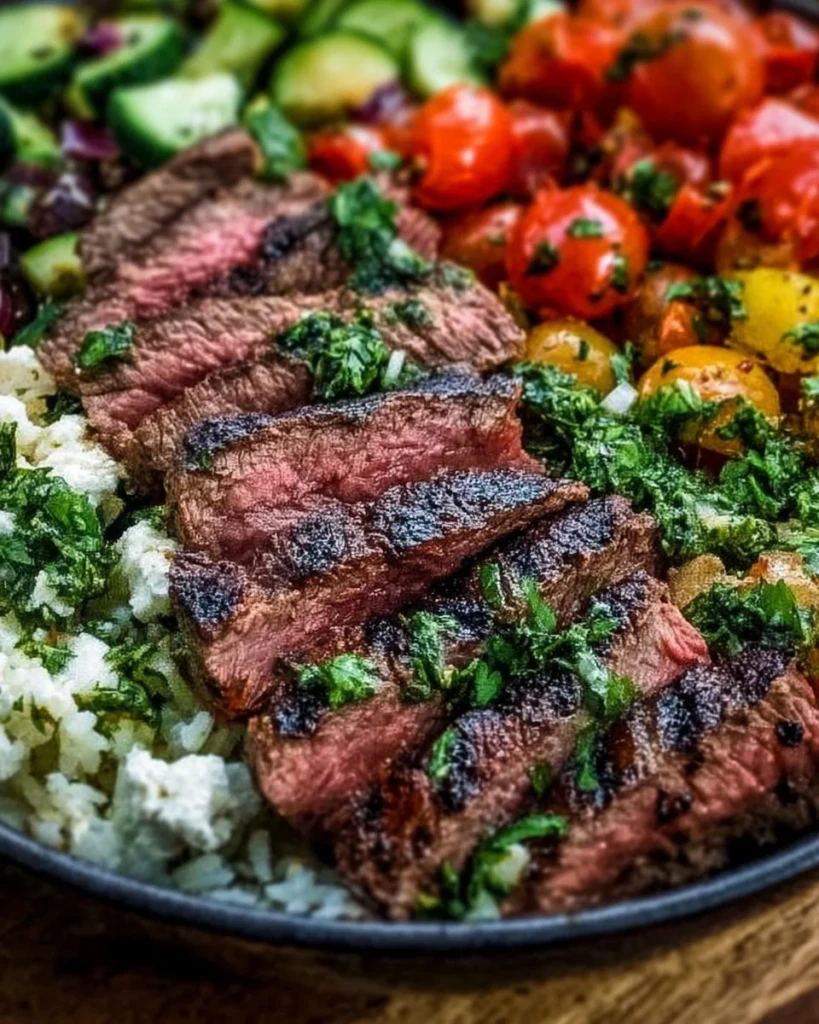 Delicious Mediterranean steak bowl with fresh veggies and flavorful ingredients.