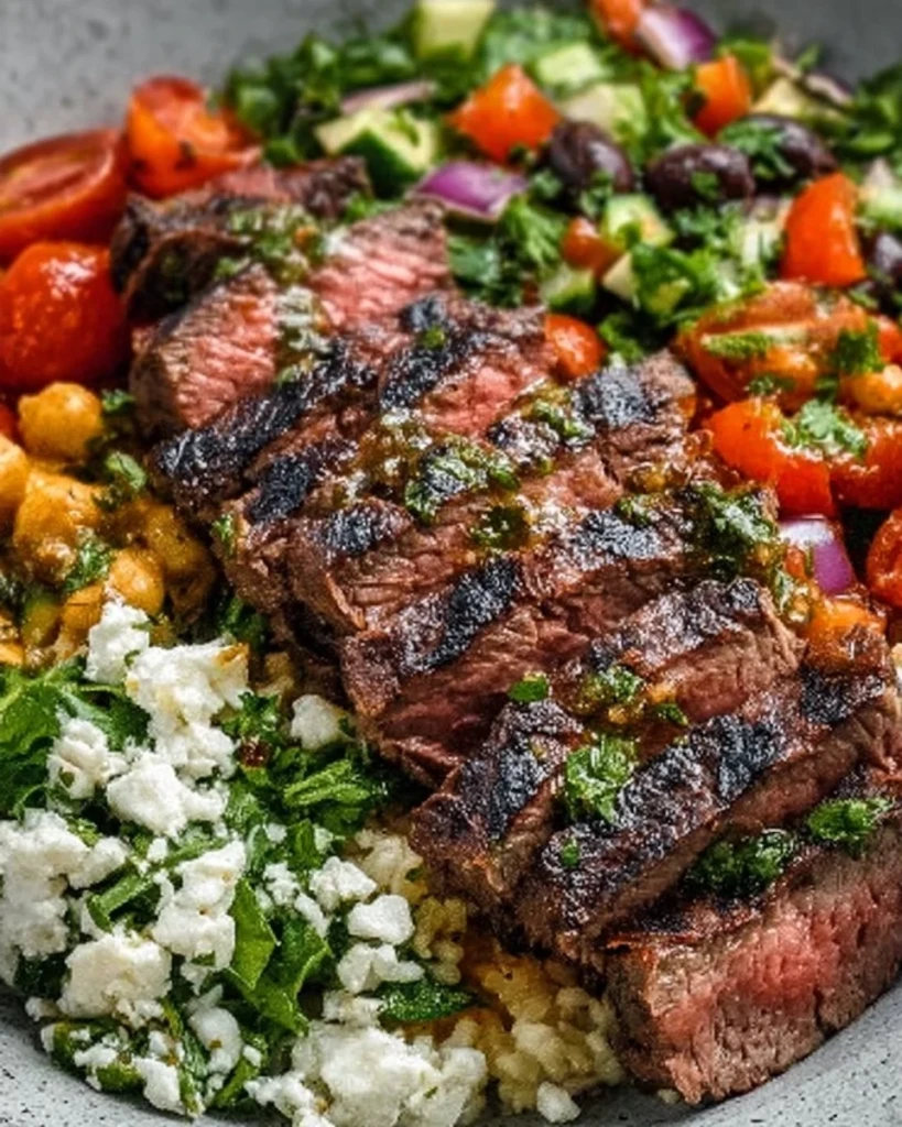 Delicious Mediterranean steak bowl topped with fresh vegetables and herbs