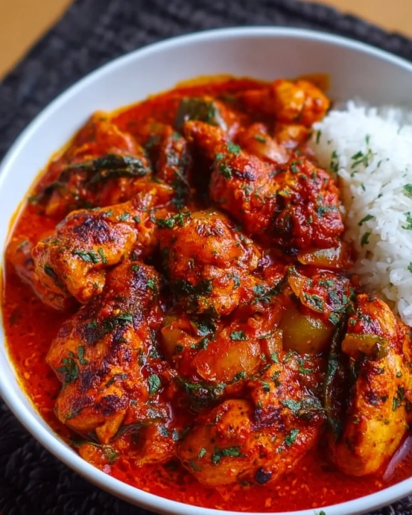 A hearty bowl of Nigerian Chicken Stew with vegetables and spices.