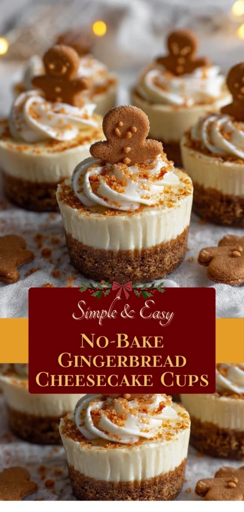 No-Bake Gingerbread Cheesecake Cups topped with whipped cream and gingerbread crumbs.