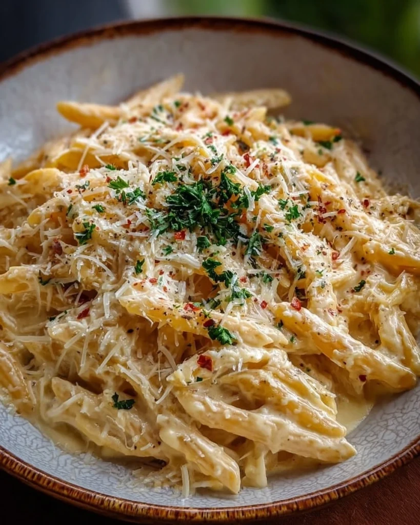 Bowl of One Pot Creamy Garlic Pasta with fresh parsley and garlic on top