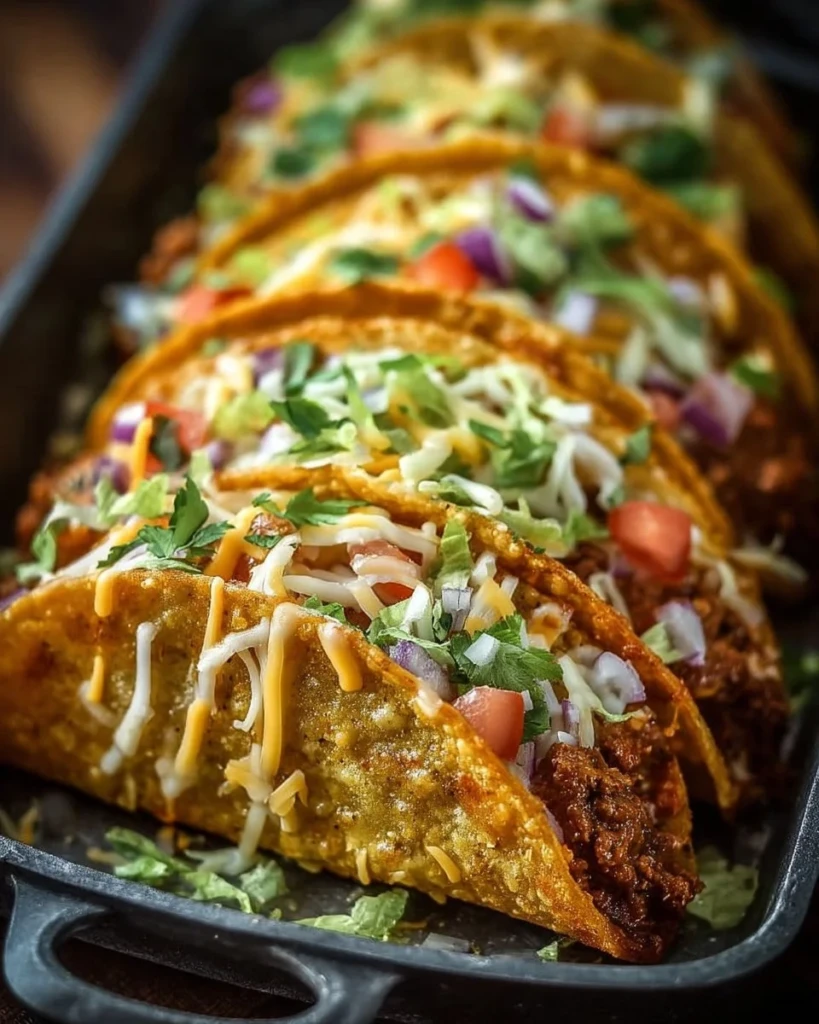Oven-Baked Cheesy Tacos piled high with toppings and melted cheese