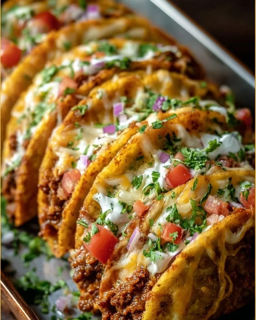 Oven-baked cheesy tacos arranged on a plate, crispy and loaded with toppings.