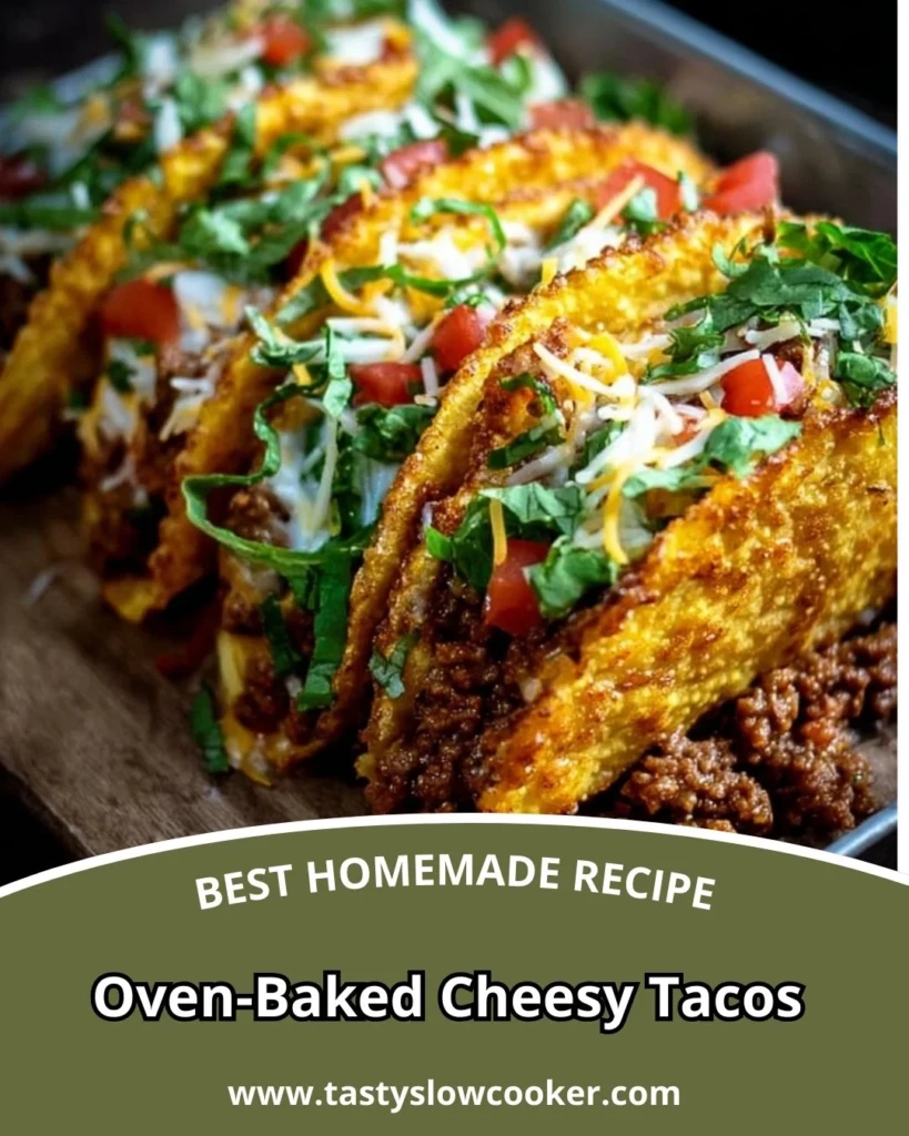 Oven-baked cheesy tacos topped with melted cheese and fresh ingredients
