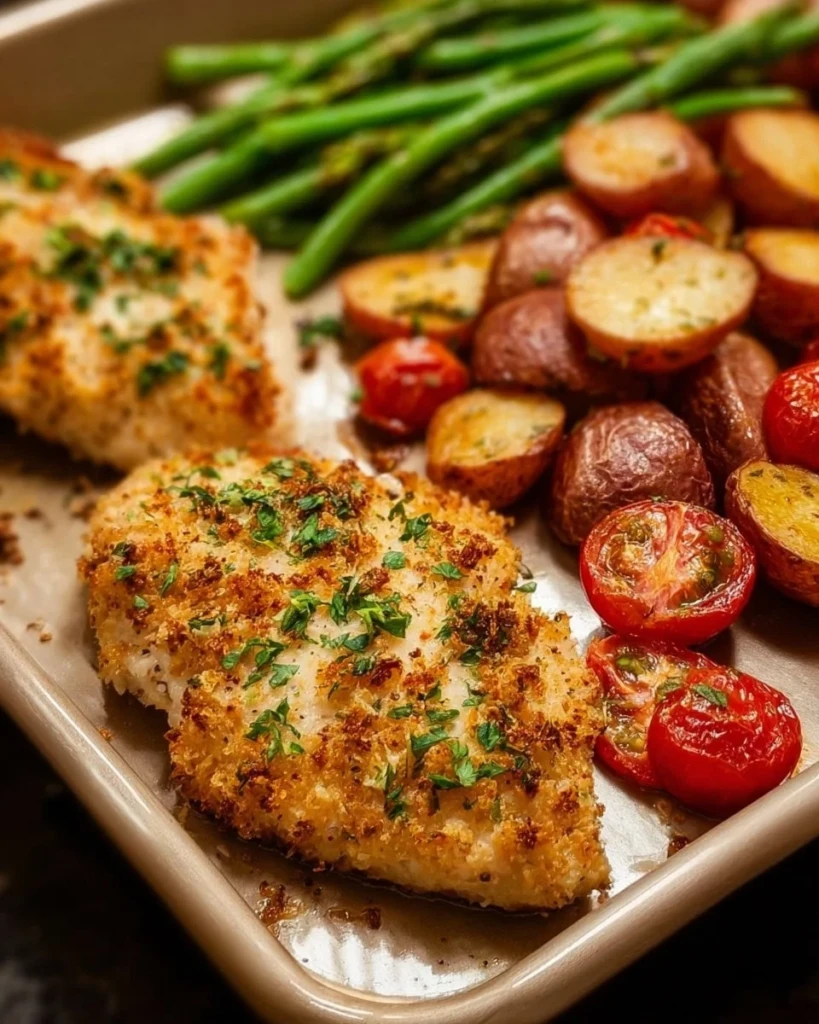 Parmesan Crusted Chicken on a sheet pan with vegetables