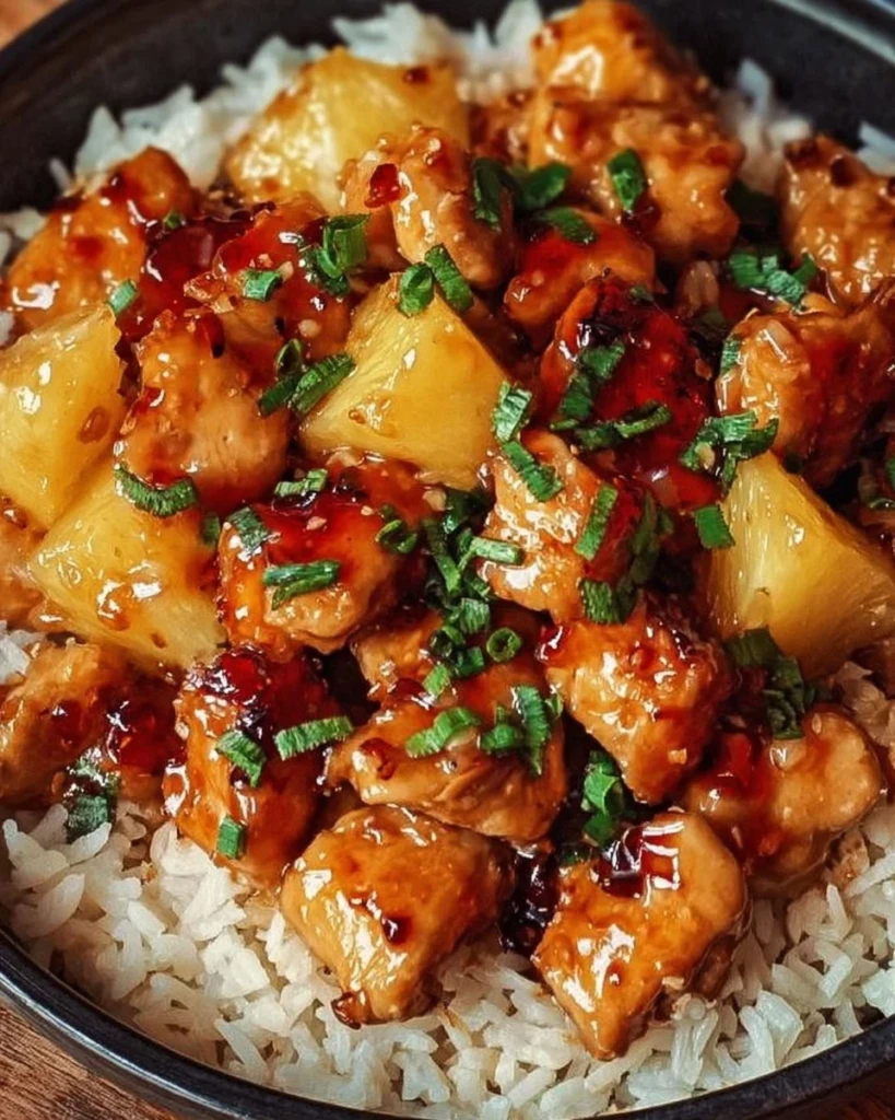 Delicious Pineapple Chicken and Rice dish served in a vibrant bowl