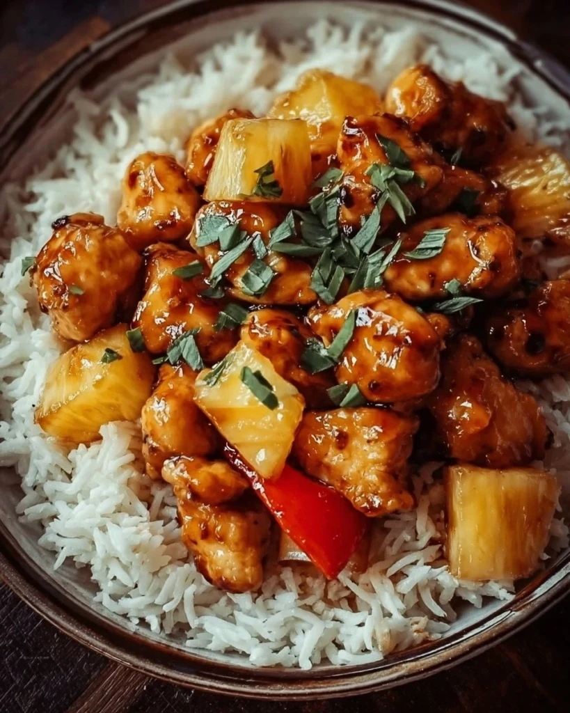 Delicious Pineapple Chicken served with rice, showcasing sweet and savory flavors.