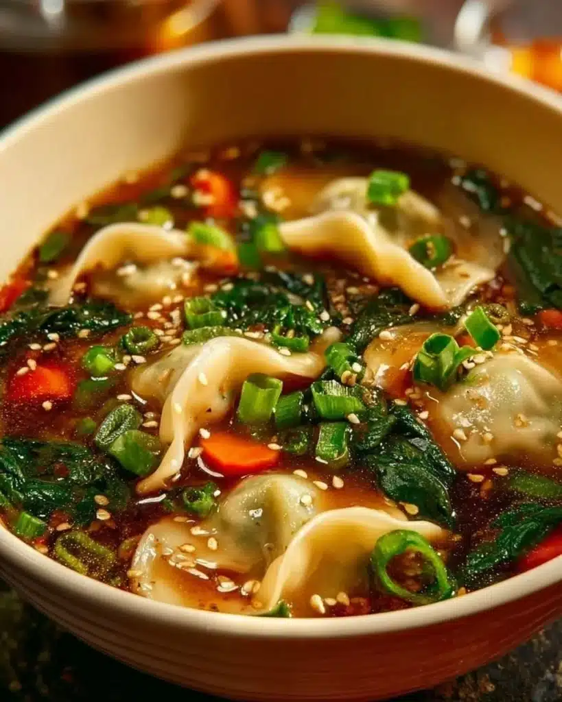 Bowl of steaming potsticker soup garnished with herbs