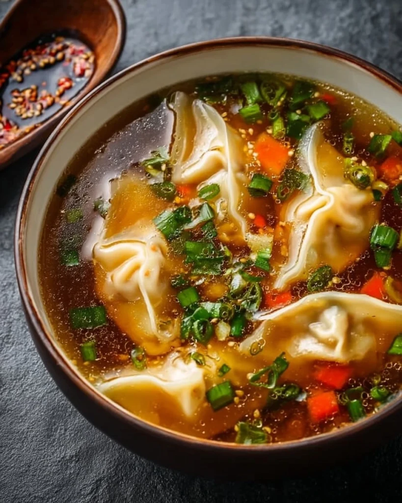 Bowl of homemade potsticker soup with potstickers and vegetables