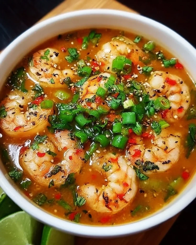 Quick and Spicy Shrimp Soup served in a bowl with garnishes