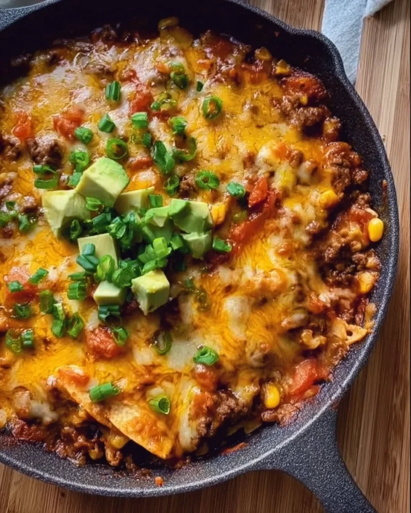 Delicious Quick Beef Enchilada Skillet topped with cheese and fresh herbs