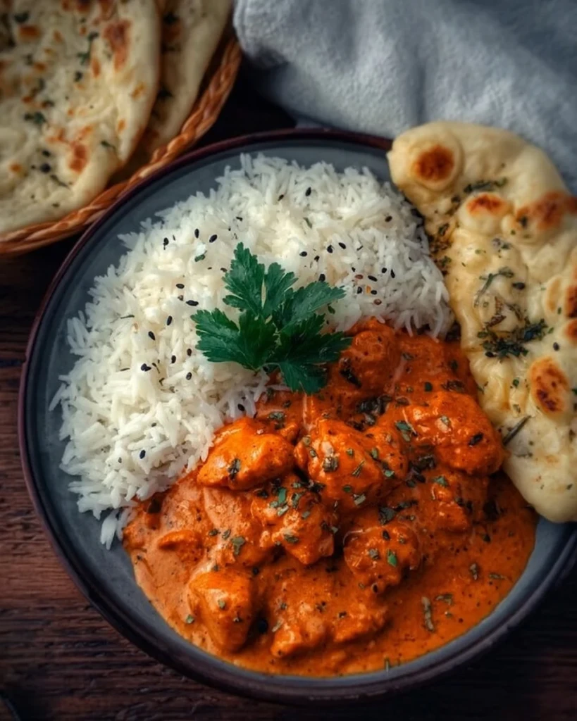 Delicious homemade butter chicken served with rice and naan