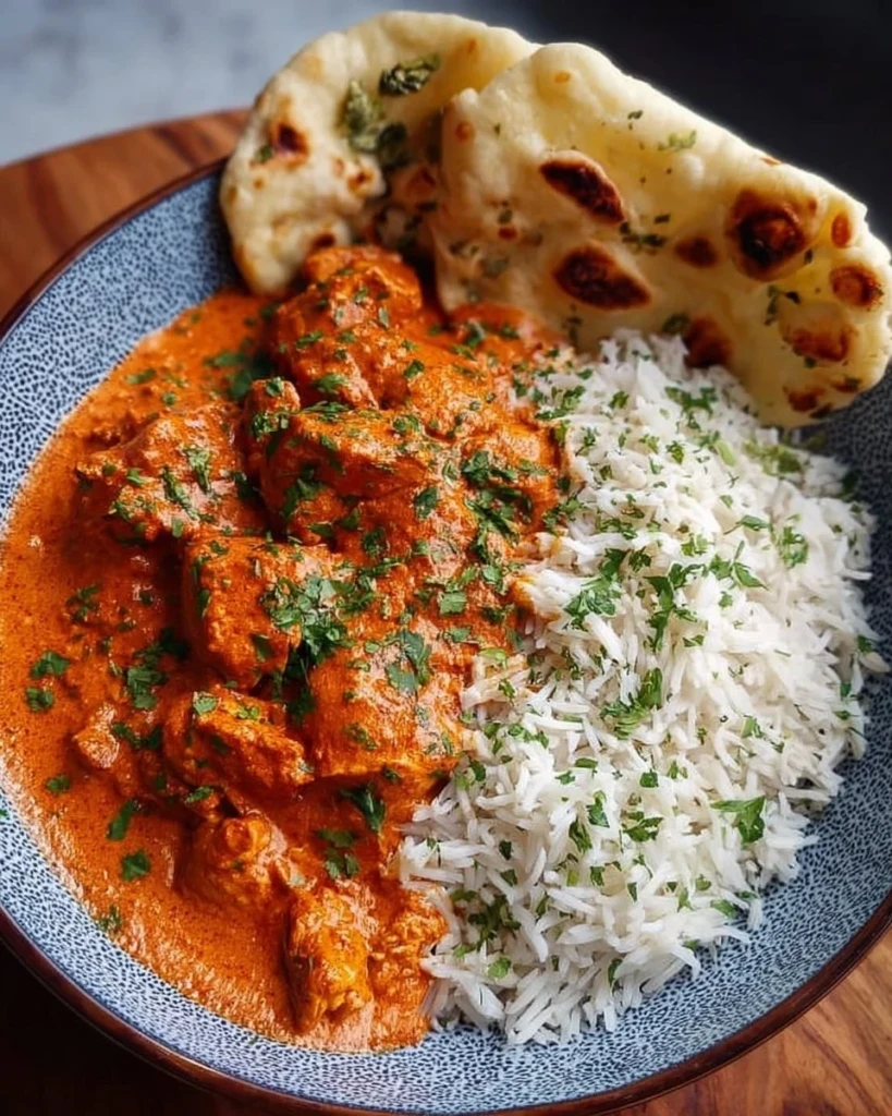 Delicious homemade butter chicken served with rice and naan bread