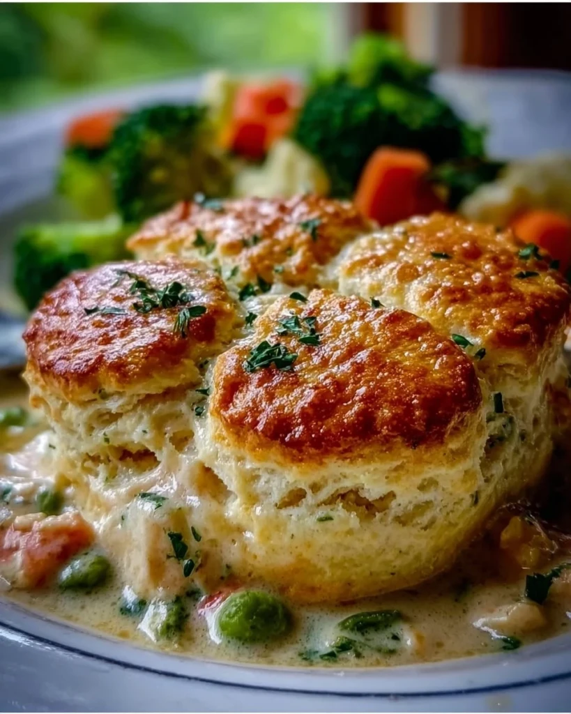 Delicious Red Lobster biscuit chicken pot pie with flaky biscuits and chicken.