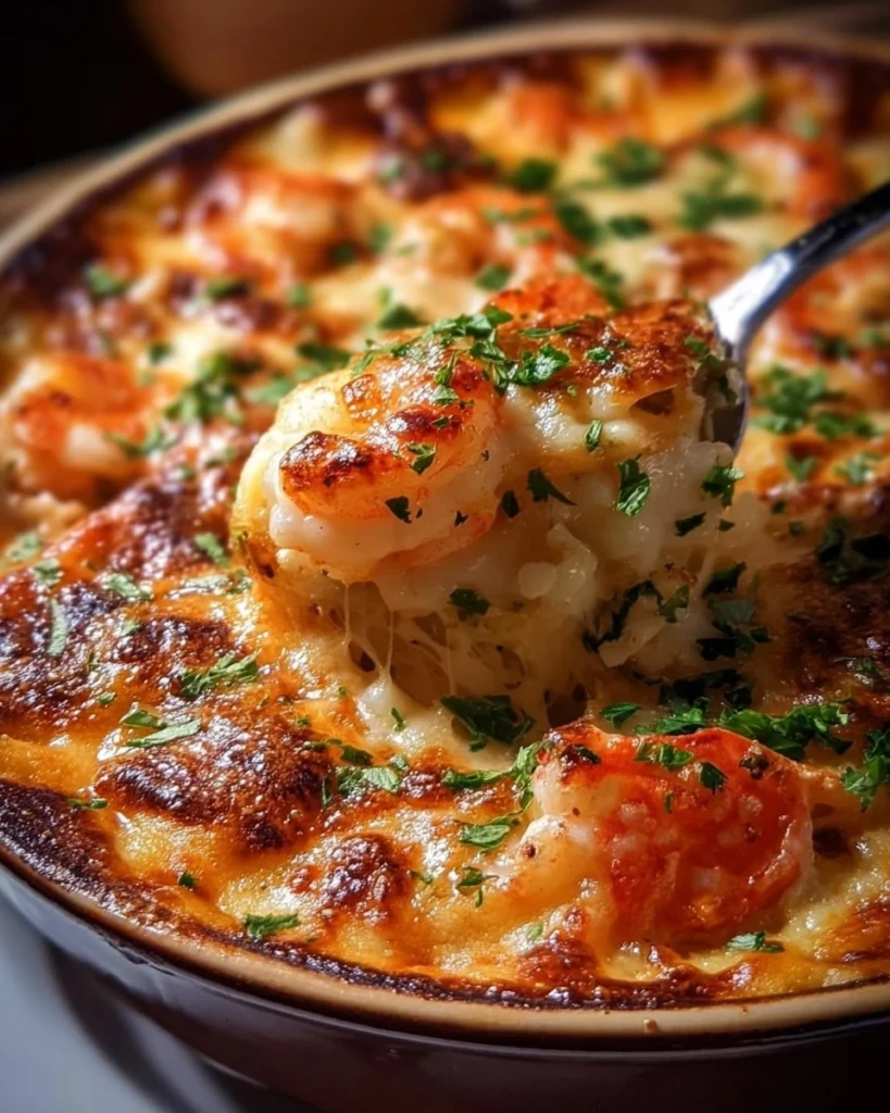 Delicious seafood gratin dish topped with cheese and baked to perfection