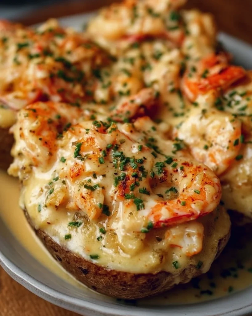 Delicious Seafood Stuffed Potatoes ready to be served as a savory dish.