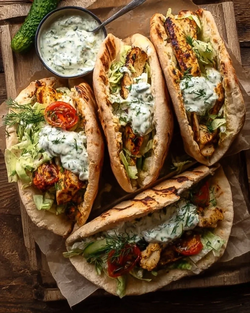 Sheet pan chicken pitas topped with herby ranch dressing and fresh vegetables