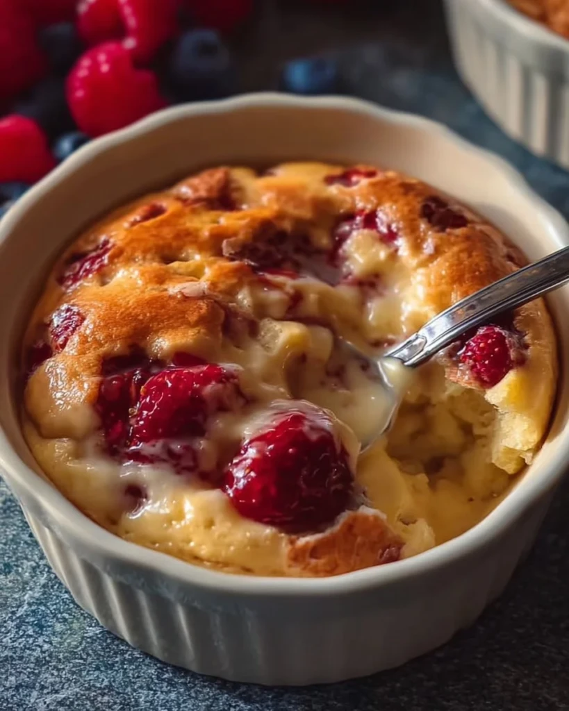 Fluffy baked protein pancake bowl topped with fresh fruits and syrup
