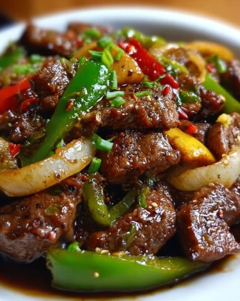 Sizzling Chinese pepper steak with onions served on a plate.