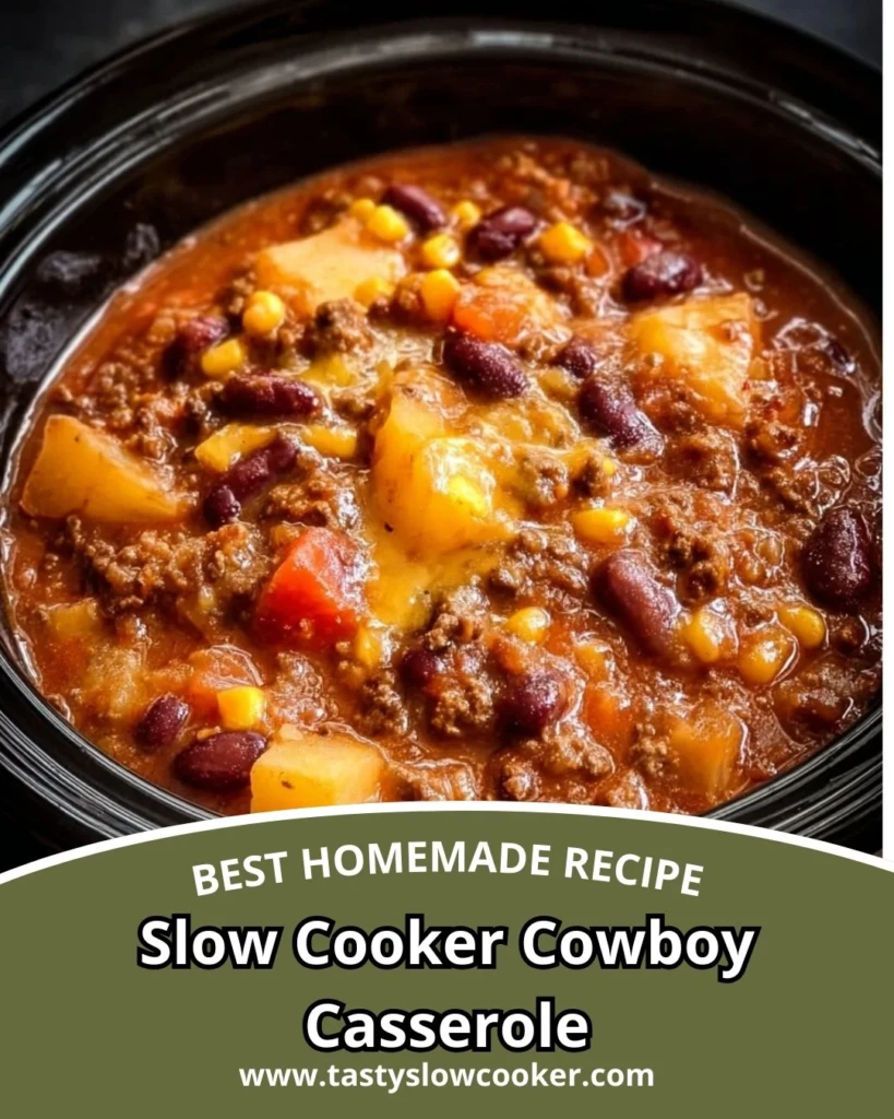 Delicious slow cooker cowboy casserole bursting with flavors and ingredients.