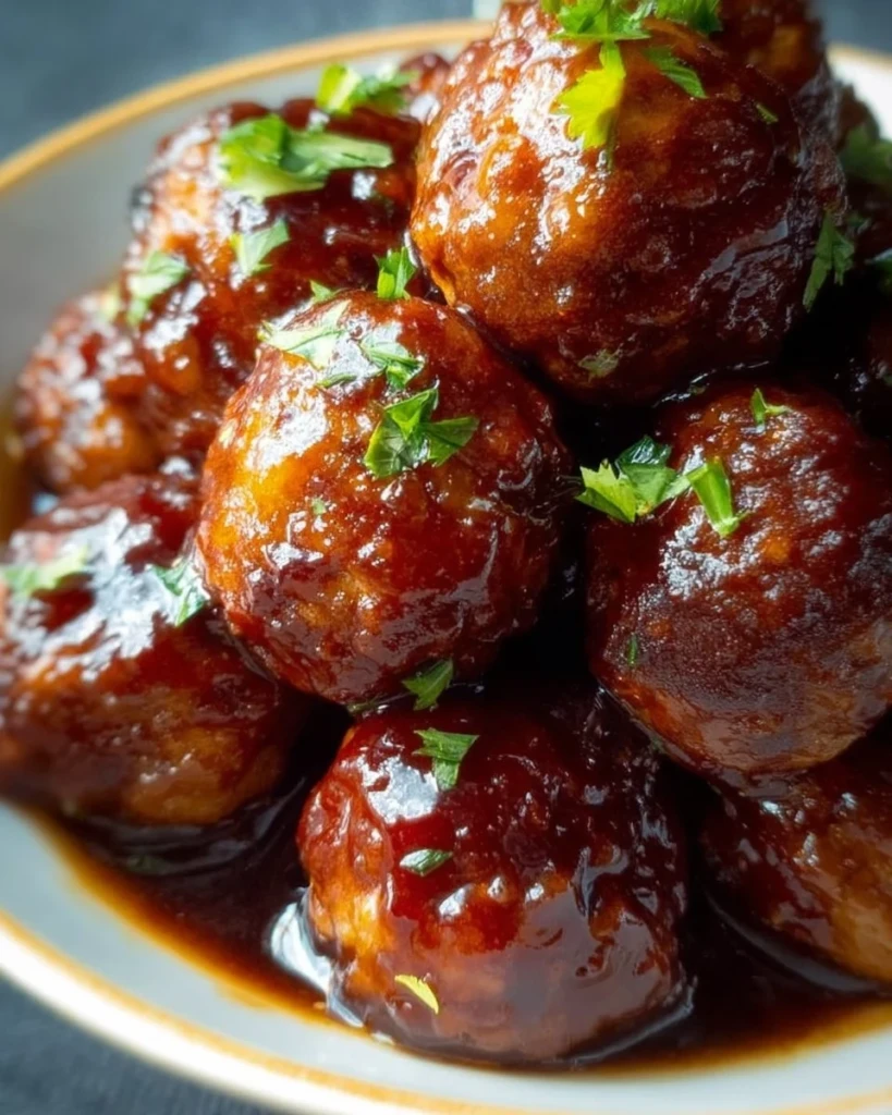 Slow Cooker Honey Garlic Meatballs served in a bowl with sauce