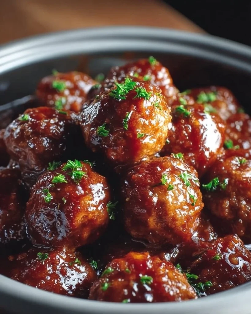 Slow cooker honey garlic meatballs served on a plate with garnish