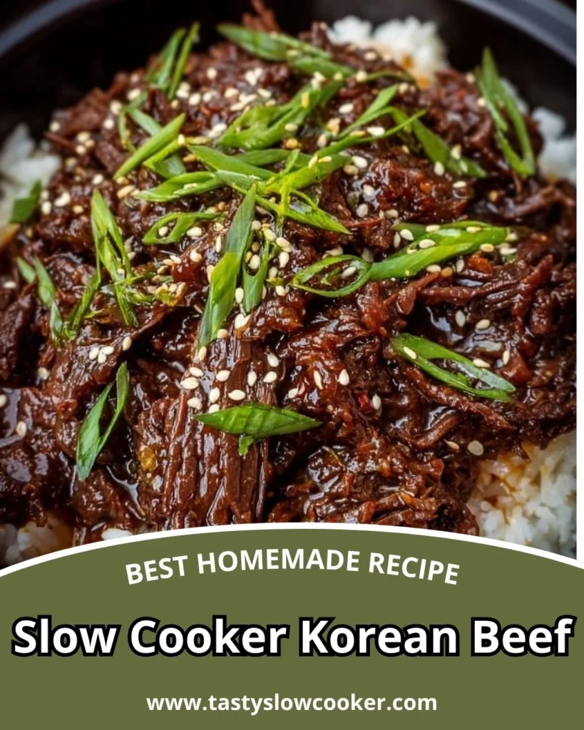 Delicious Slow Cooker Korean Beef garnished with green onions and sesame seeds